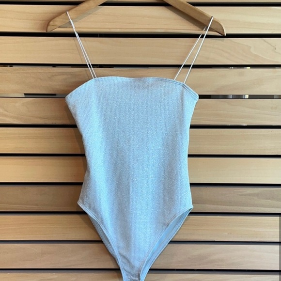NWT Zara Silver Sparkle Spaghetti Strap Bodysuit Small - Picture 5 of 9